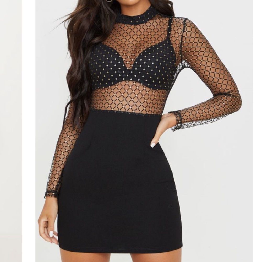 black mesh sheer body suit with gold sparkles